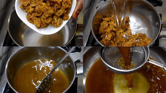 Filter Jaggery to make Coconut Ladoo.
