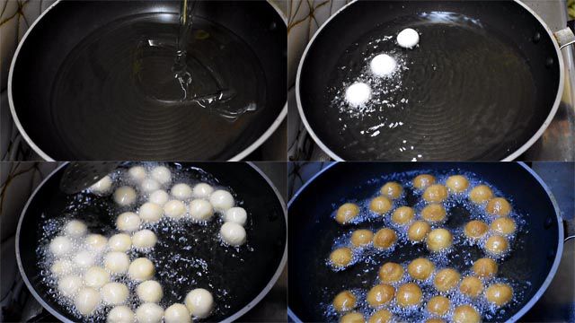 Heat oil and deep fry sweet butter balls