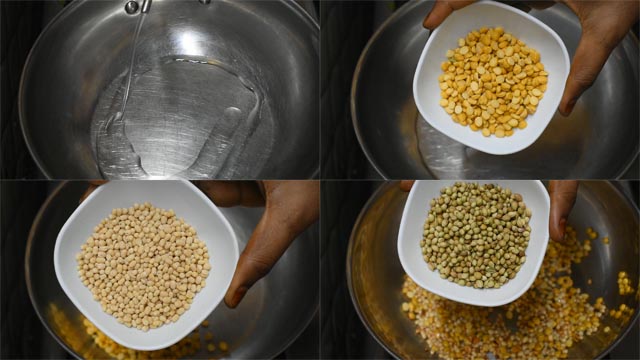 heat oil and add chana dal, moong dal and coriander seeds.