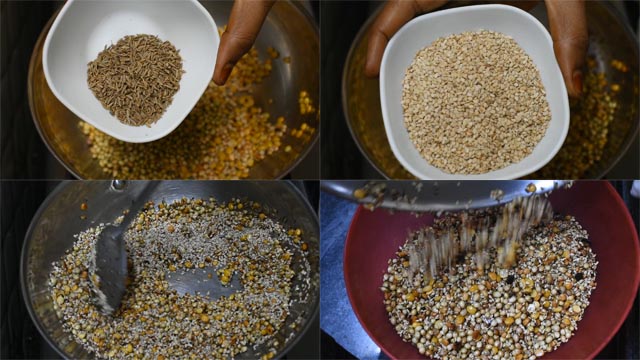 Add jeera and sesame seeds to make Karivepaku podi 