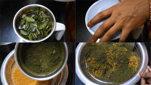Grind curry leaves to make Karivepaku podi 