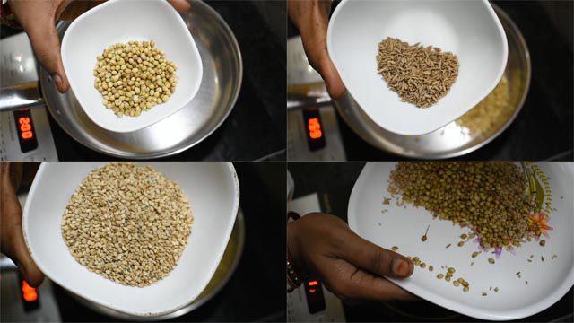 Dry roast coriander seeds, cumin seeds, sesame seeds.