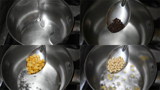Heat 2 tbsp. oil in a pan, add mustard seeds, chana dal and moon dal.