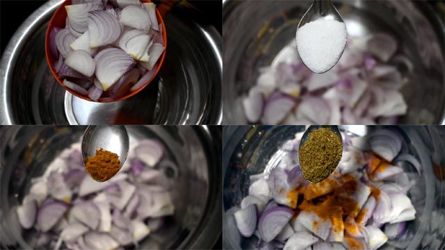 Add onion slices and sprinkle salt, turmeric powder and coriander powder.