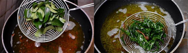 Deep fry curry leaves in remaining oil to garnish