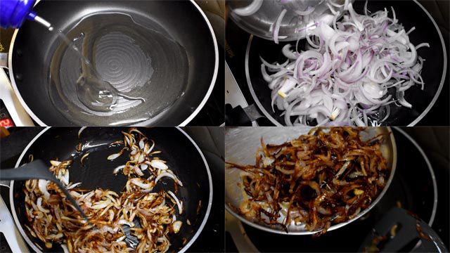 Fry onions to make chicken korma