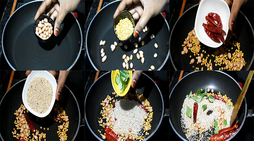 Nuvvula Annam (Authentic Andhra Sesame Rice) Dry Roast the Spices, Nuts, and Sesame Seedsf