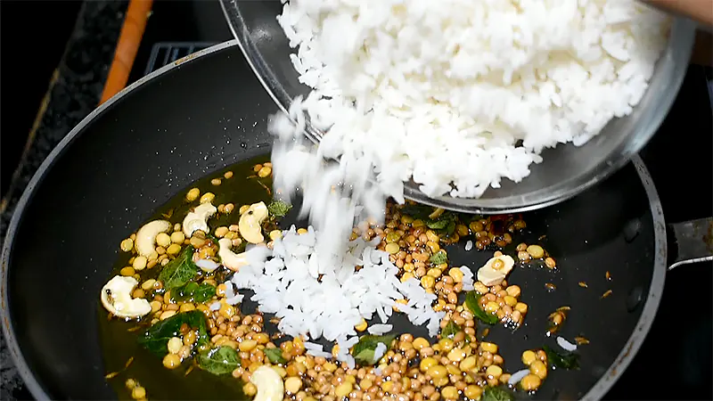 Nuvvula Annam (Authentic Andhra Sesame Rice) Add Cooked Rice to the Pan