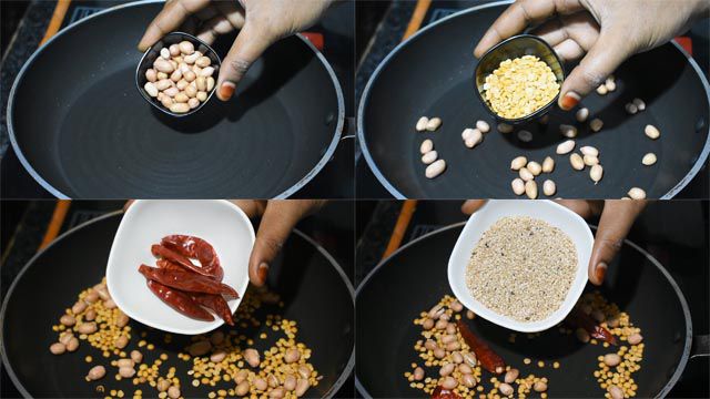 Dry roast groundnuts, yellow lentils, dry red chillies and sesame seeds.