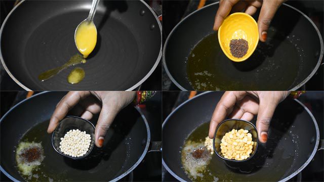 Heat ghee on a pan and add mustard seeds, moong dal and chana dal.
