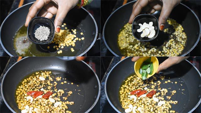 Add cumin seeds, cashew, 1 No. dry red chilly and 1 tbsp. curry leaves.