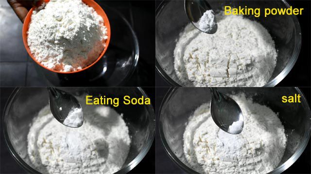 Add maida in a mixing bowl and add  salt, baking powder and eating soda.