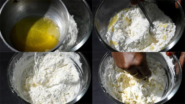 Pour hot ghee and mix well to make Badusha Recipe