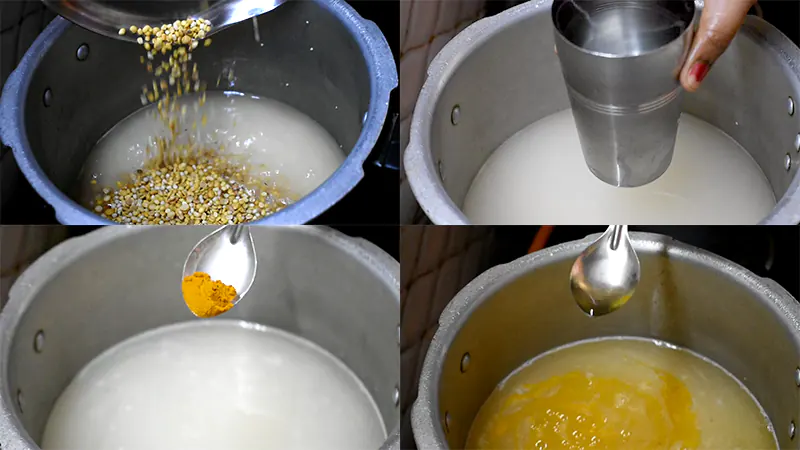 Authentic Hyderabadi Chicken Haleem Recipe (Pressure Cooker Method) Cook the Grains to a Mashable State by adding water, salt, turmeric and oil