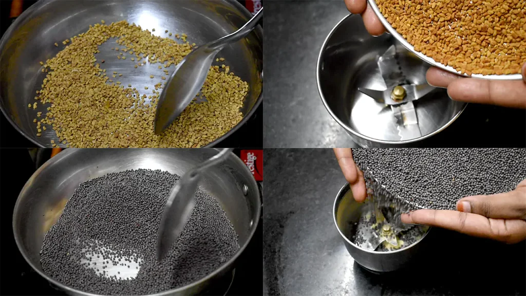 spice blend preparation with fenugreek and mustard seeds.