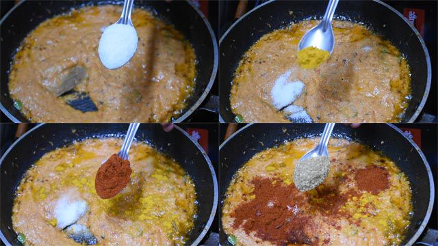Rich Matar Paneer Recipe Restaurant Style Sprinkle salt, turmeric powder, red chili powder, and coriander powder.