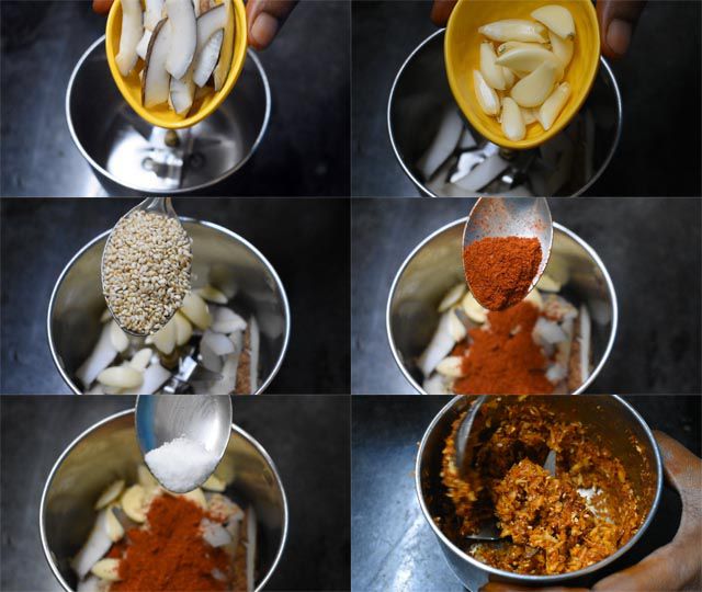Akakarakaya Fry Recipe | Healthy Spiny Gourd Fry Recipe In a mixer grinder add fresh coconut, garlic cloves, sesame seeds, and red chilli powder.