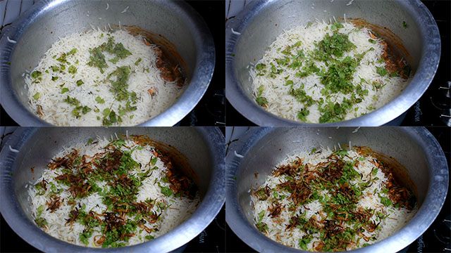 Paneer Biryani Recipe Restaurant Style Sprinkle mint leaves, coriander leaves and fried onions as a layer.