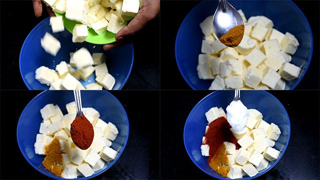 Paneer Biryani Recipe Restaurant Style put paneer cubes in a large bowl, sprinkle Turmeric powder, red chili powder and salt.