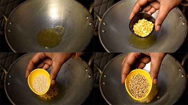 Andhra Style Coconut Chutney Recipe for Rice Heat oil put chana dal, moong dal and coriander seeds.