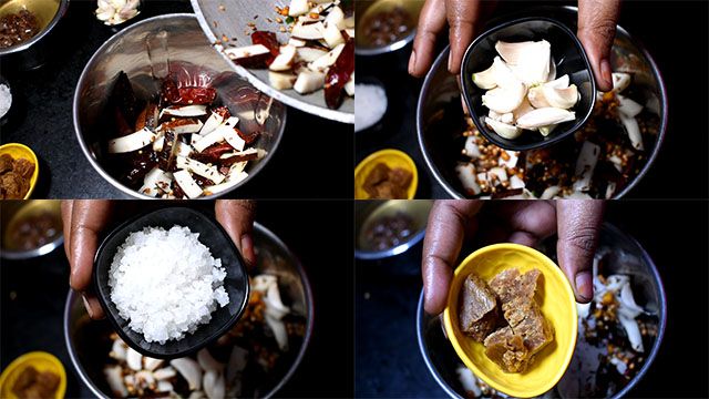 Andhra Style Coconut Chutney Recipe for Rice Put coconut mix in a mixer grinder, add garlic, rock salt and jaggery.