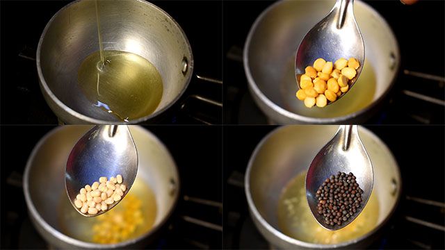 Andhra Style Coconut Chutney Recipe for Rice In a tempering pan add oil, chana dal, moong dal and mustard seeds.