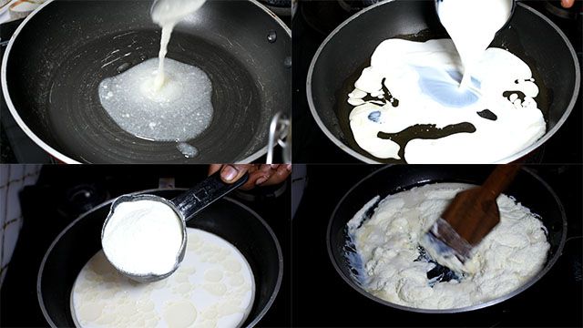 Easy Milk Powder Burfi Recipe: Diwali Sweet Recipes for Kids milk powder burfi recipe: add ghee, milk and milk powder.