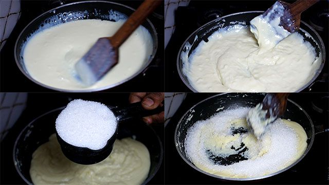 Easy Milk Powder Burfi Recipe: Diwali Sweet Recipes for Kids milk powder burfi recipe: Stir and add sugar.