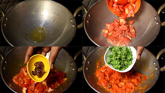 Easy Tomato Coconut Chutney Recipe tomato coconut chutney recipe: heat oil, add tomatoes, tamarind and coriander leaves.