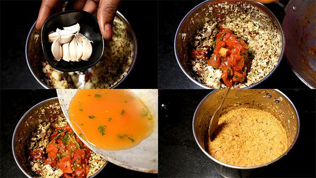Easy Tomato Coconut Chutney Recipe tomato coconut chutney recipe: add garlic and cooked tomatoes. Grind to paste.