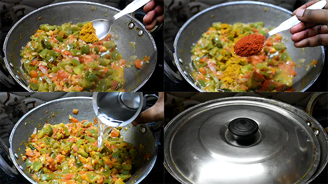 Perfect Capsicum Tomato Curry Recipe Capsicum Tomato Curry: Add turmeric, red chilli powder and little water.